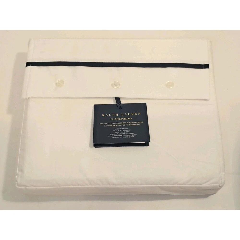 NEW Ralph Lauren Palmer Percale Org Cotton Queen Flat Sheet White Navy 96x108in